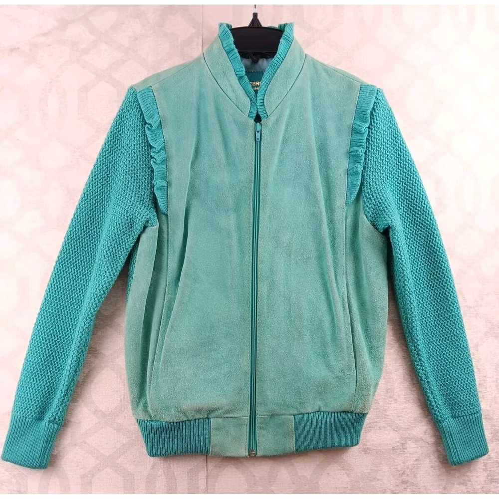Deerskin Trading Post Jacket Womens Medium Green Leather Full Zip Knit